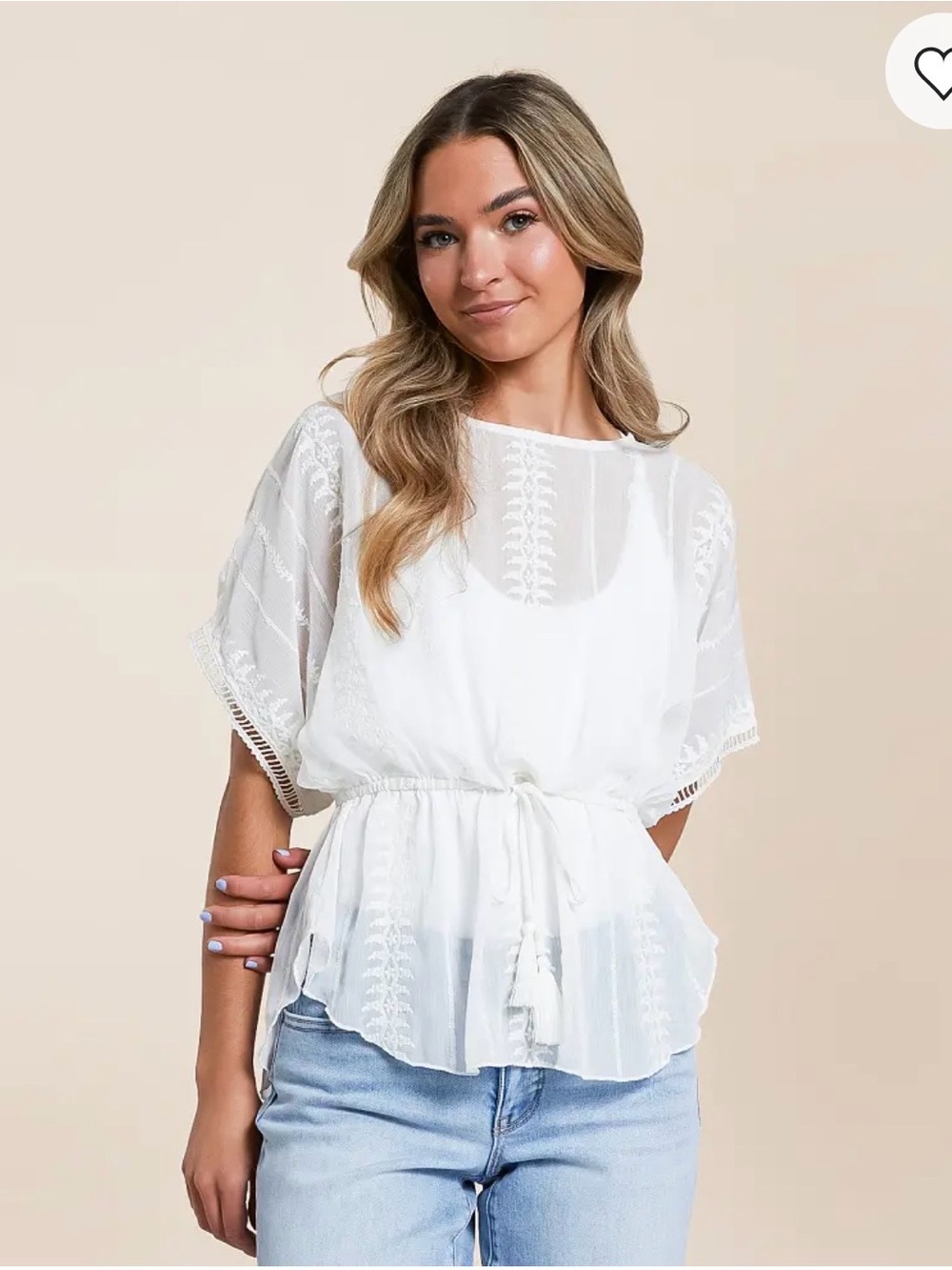 Daytrip White Embroidered Tie-Waist Sheer  and Lace Blouse- Medium